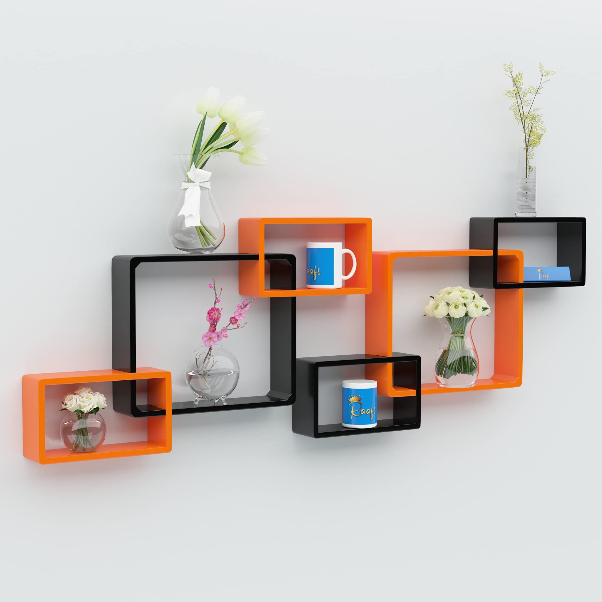 Raafi Wooden Intersecting Wall Shelves (Set of 6) (Black & Orange) (B09FZJQTBD) Amazon Price History, Amazon Price Tracker