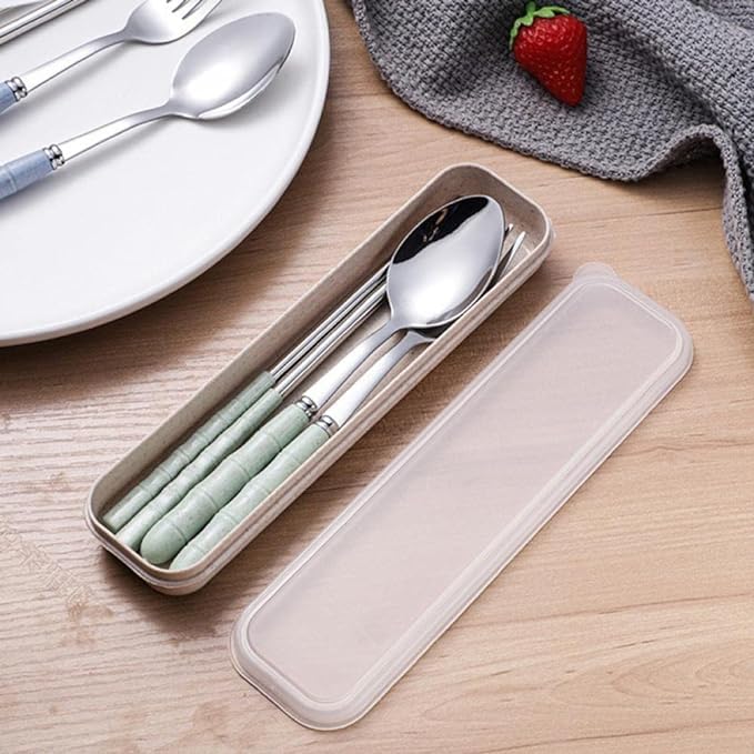 Image of Favria 3 Piece Stainless Steel Spoon,Fork and Chopstick Portable Travel Spoon Box Anti Slip Cutlery Set for Office Lunch Box,Travel, School,Picnics,Camping and Outdoor Home Utensil Set (Beige)