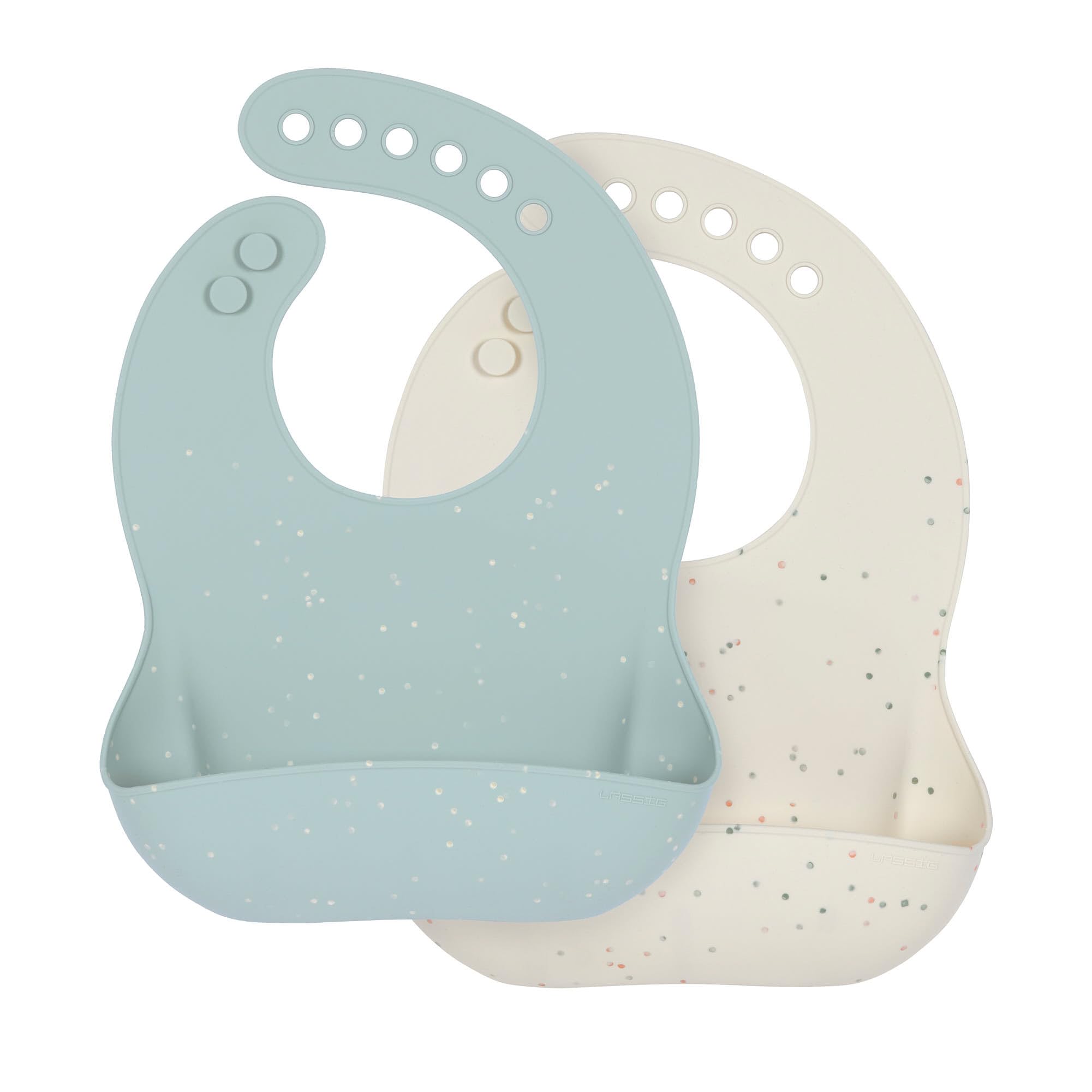 LÄSSIG Baby Silikon Lätzchen (2 Stk) Kleinkinder Lätzchen mit Auffangschale spülmaschinengeeignet, Blau/Beige