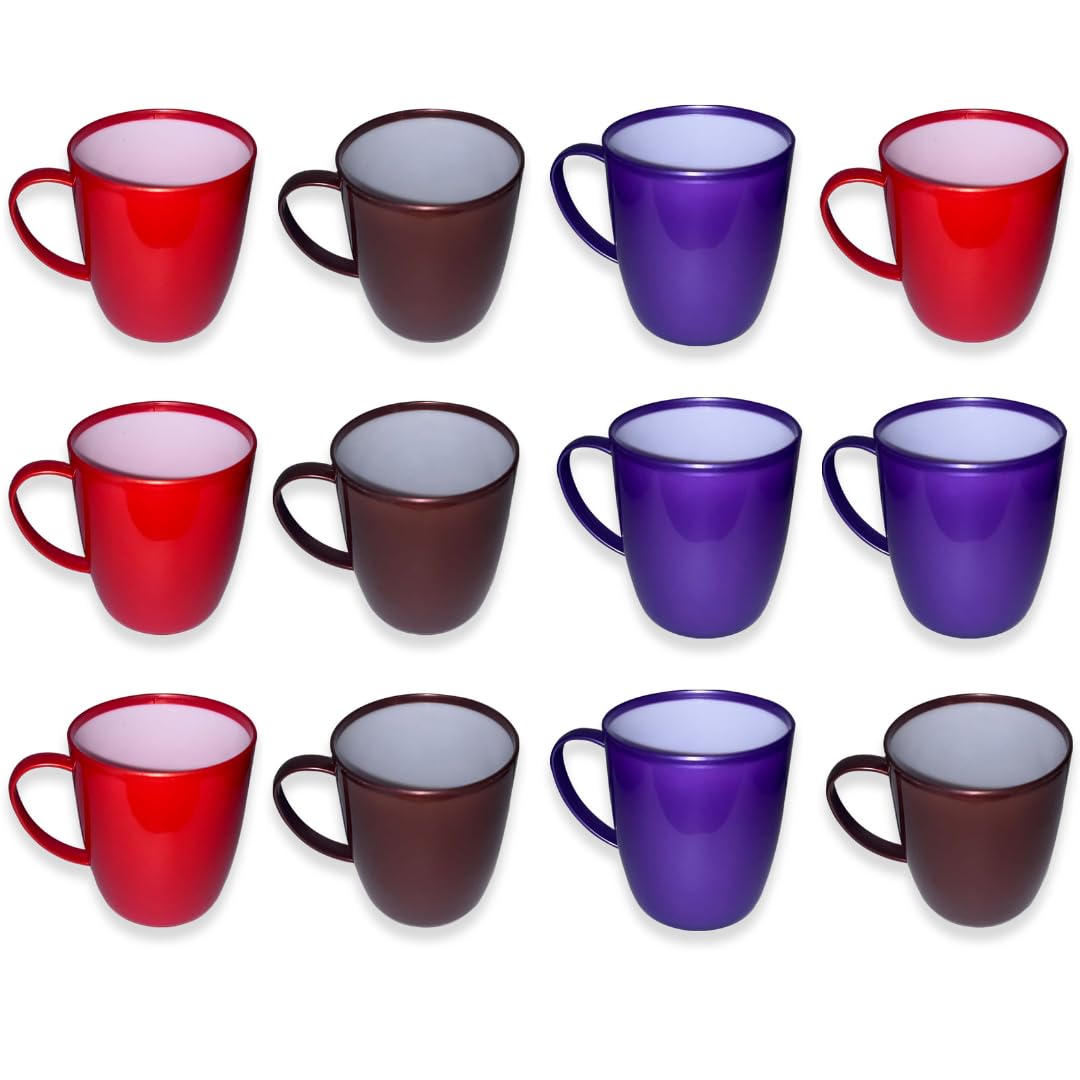 KANSY Plastic Mug with Handle – Lightweight Unbreakable Reusable Cups for Drinking Hot, Cold, Coffee, Tea, Water, Beer – Office, Travel, Party, Camping, Caravan, Picnic, BPA Free (12, Solid)