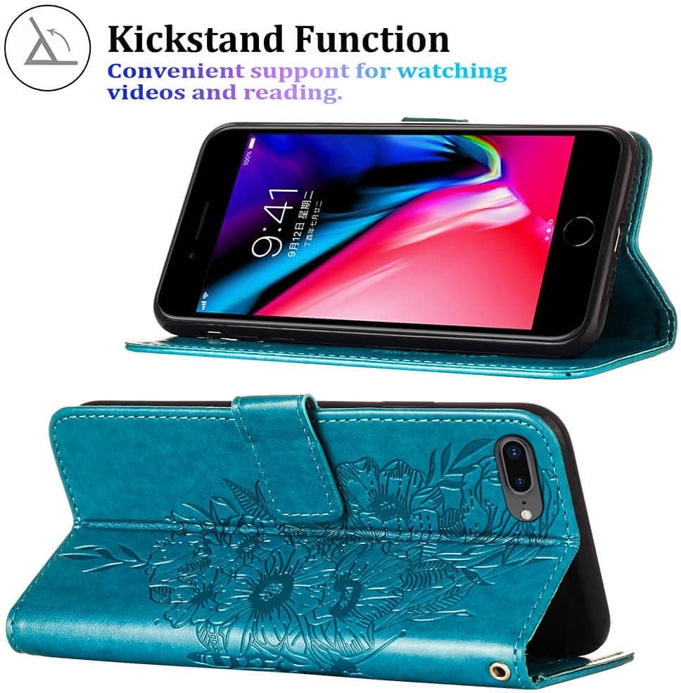 for iPhone 7/8 Plus Wallet Case, 6/6S Plus Case, Butterfly Floral Embossed, Wrist Strap, Card Holder Slots,Stand Leather Protective Flip Cover (Blue) - Image 4