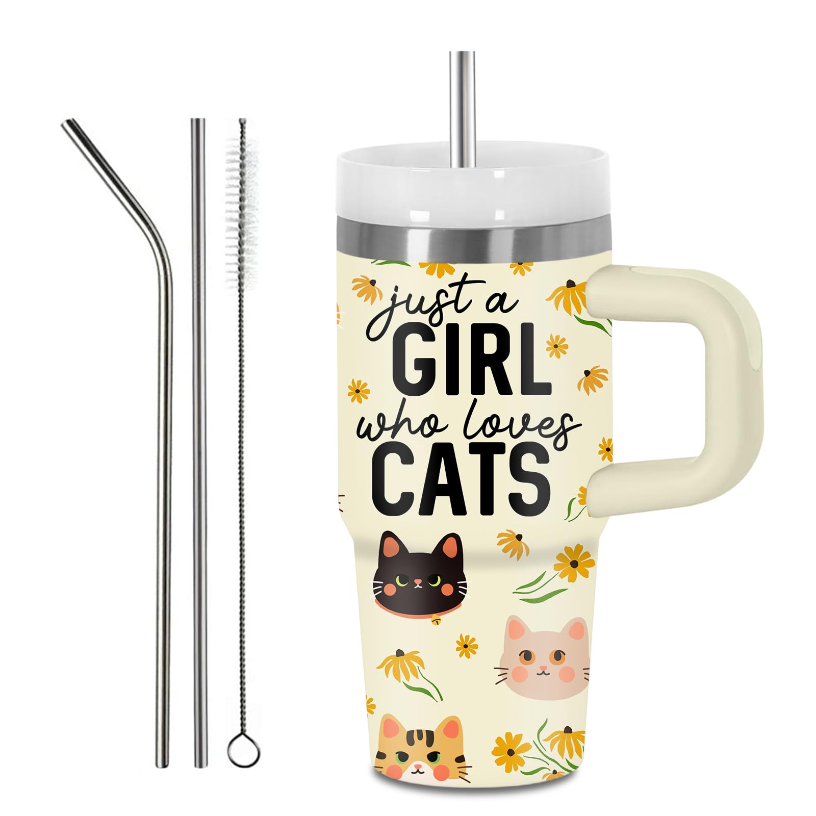 Regalos para amantes de los gatos, vaso de gato de 14 onzas con asa para niños, regalos para amantes de los gatos, regalo para el día de San Valentín para mujeres y niñas, vasos de acero inoxidable