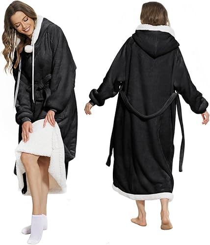 Miniatura 5 de MILDLY Manta de forro polar Sherpa gruesa y cálida con capucha larga, 1 unidad, sudadera con capucha grande, color negro