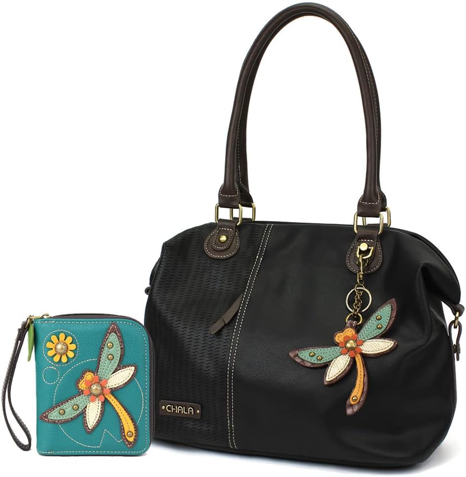 CHALA Handbags LaserCut Totes Shoulder Purse with Matching Wallet Gift Set (Black_Dragonfly Gift Set)