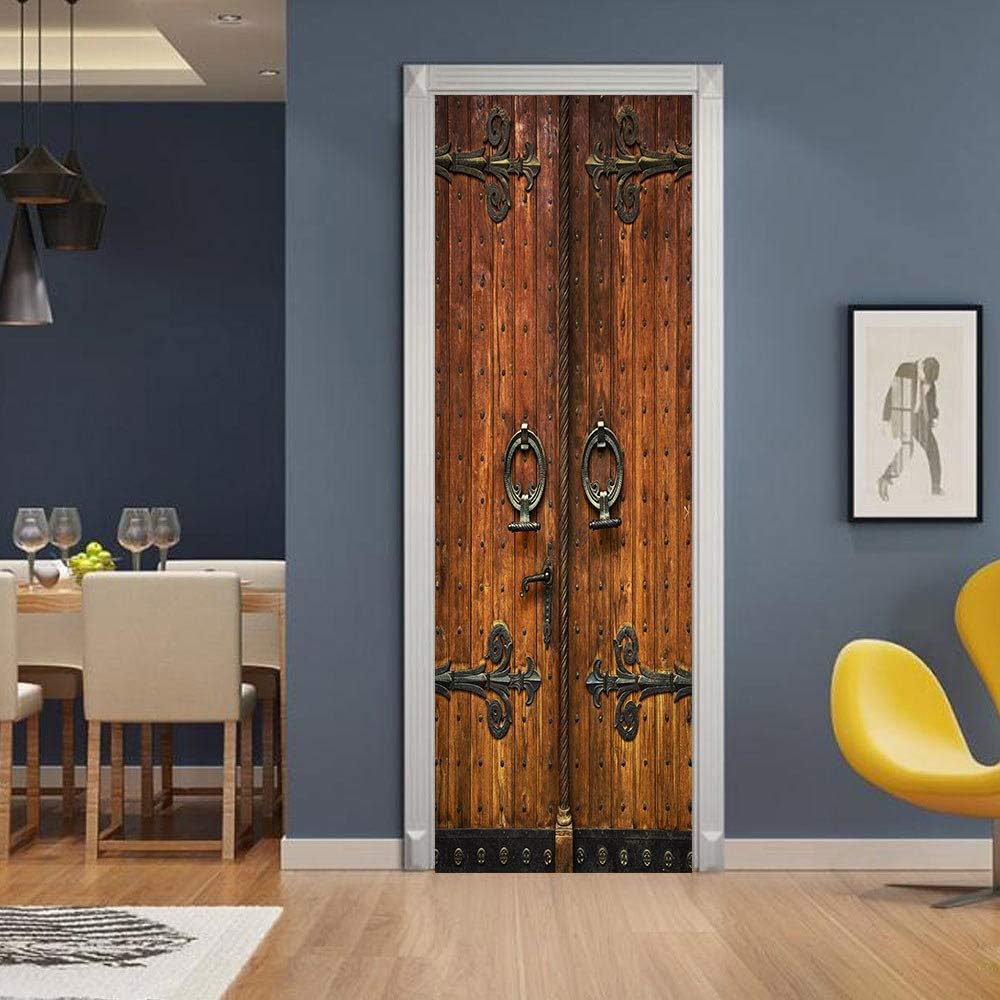 COLORSPRING 3D Classic Old Wood Door Decal Stickers Peel and Stick, Door Mural Cover Removable Self-Adhesive Wallpaper for Home Décor (MT-033)