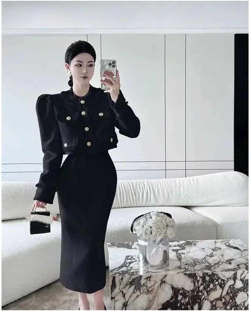 Women 2-Piece Set Skirts Jackets Stand Neck Tweed Short Coat Long Sleeve Korean Outwear Tops Causal Elegant Jacket