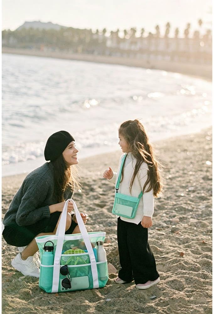 2pcs Mesh Beach Bag,Large Beach Totes with Shell Bag for women, Foldable Portable Mesh Swimming Pool & Vacation Essentials Bag &Storage image 4