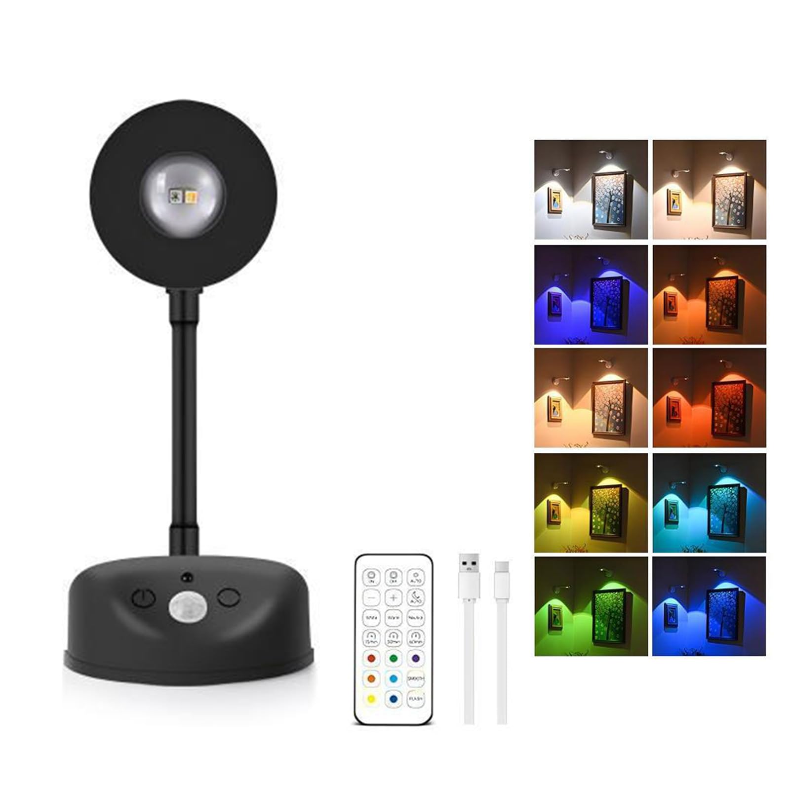 AVEKI Motion Sensor Wall Lights, Rechargeable RGB Wall Sconces with Remote Control, 3 Color Temps & 10 Light Color, Dimmable Wireless Magnetic Night Light with Timer for Hallway Stair Bedroom (Black)