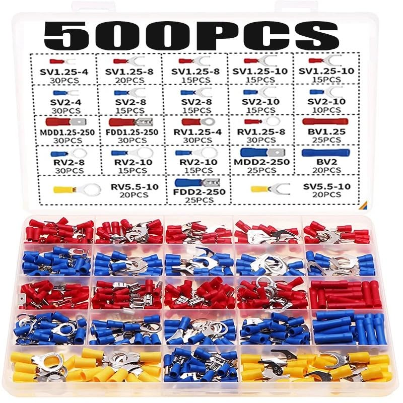 500pcs Spade Crimp Terminal Assorted Electrical Wire Cable Connector Insulated Ring Fork Butt Ring Lugs Rolled Set VUQLDHAYZ