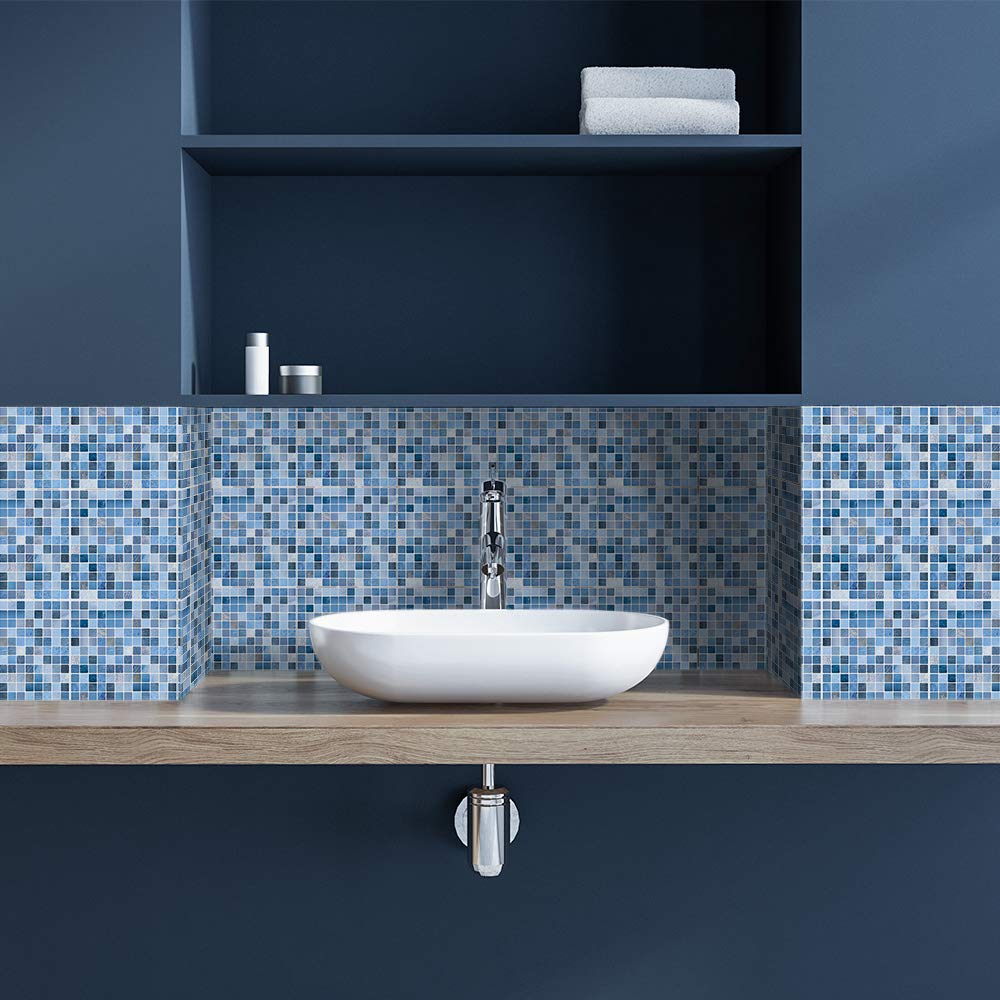 Alwayspon 30Pcs Peel&Stick Wall Tile Transfers Sticker, Self-Adhesive Waterproof PCV Splashback Tile Decals for Living Room Kitchen Bathroom Home Decor, 15X15cm, Blue Metallic — image 1