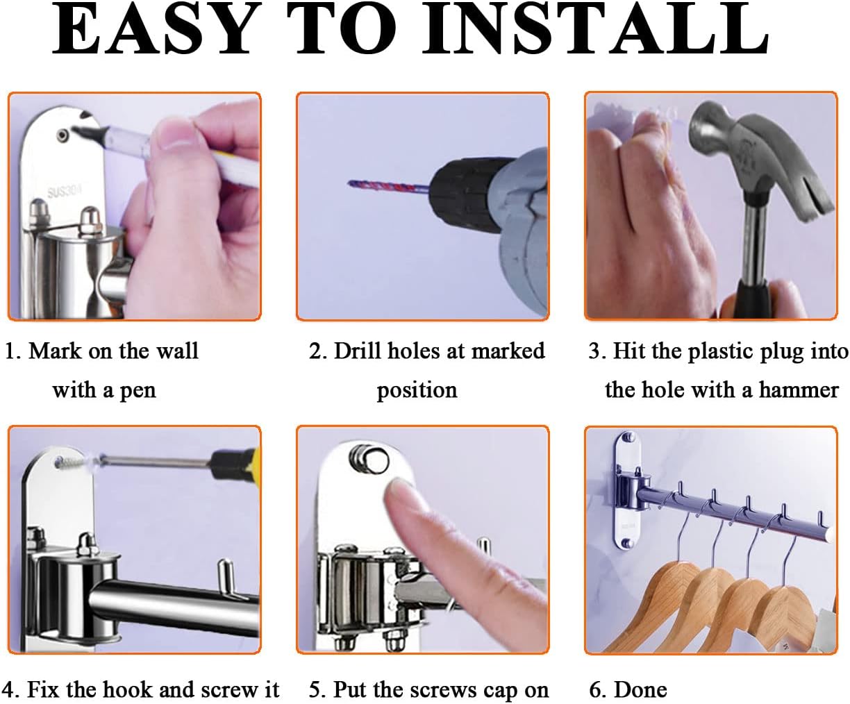 Clothes Hanger Rack Swing Arm, Folding Clothes Hanger Wall Mounted Space Saving Drying Rack, Stainless Steel 304 Laundry Room Valet Hook Holder, Foldable Hanging Hook Rod (Silver)