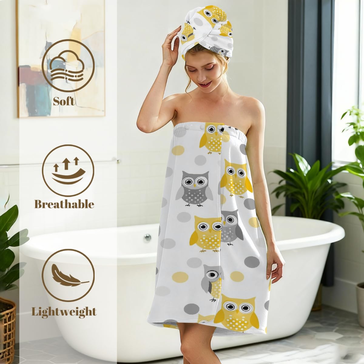 Mikrofaser-Duschtuch für Damen, mit Haar-Handtuch, niedliche gelb-graue Eulen, lustige Tiere, weiche Körperwickel, Kleid mit Haartrocknungskappe für Strand, Pool, Spa, 2 Sets