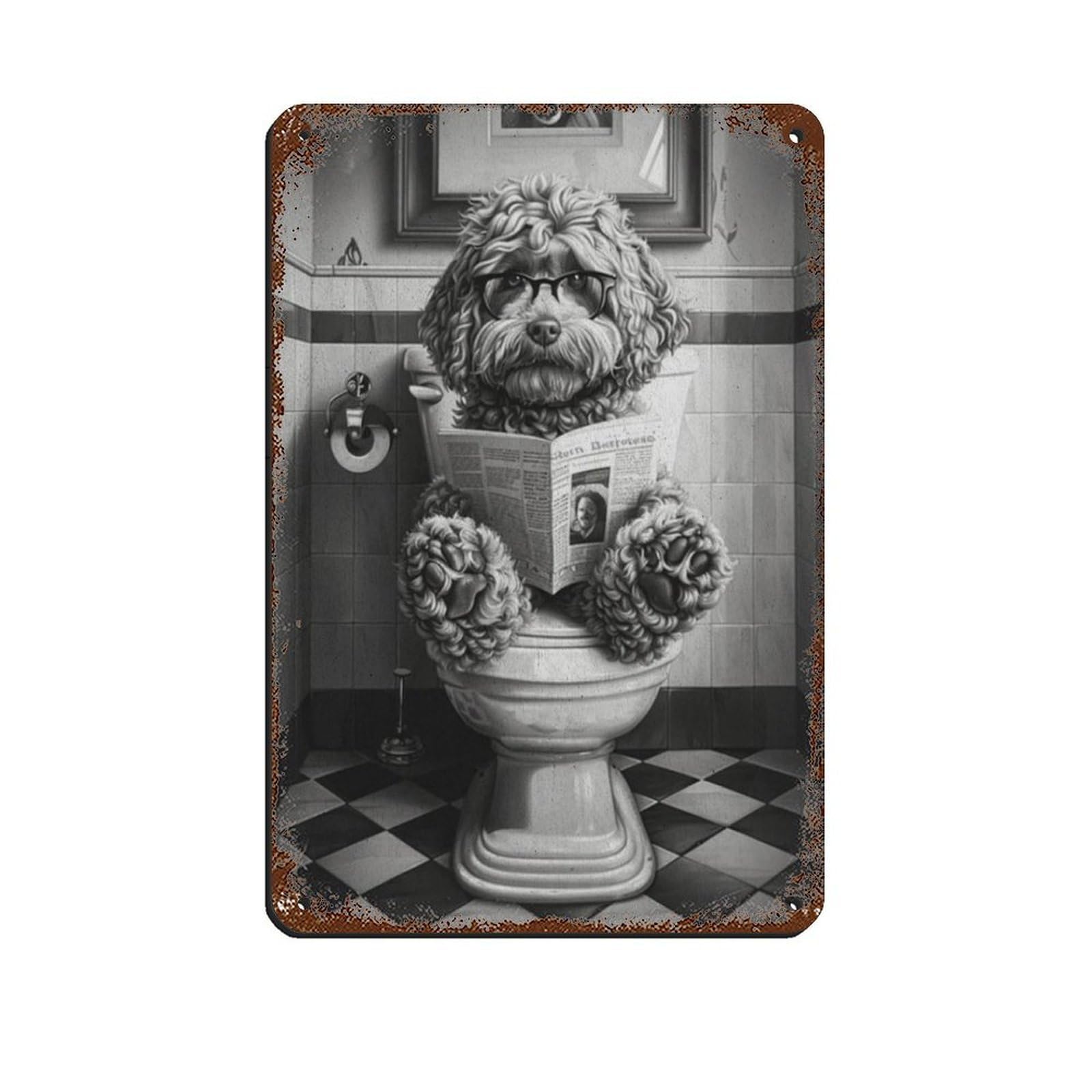 Cockapoo on The Toilet And Reading Newspaper Retro Poster Metal Tin Sign Chic Art Retro Iron Painting Bar People Cave Cafe Family Garage Poster Wall Decoration 8x12inch(20x30cm)