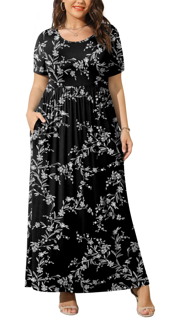 BISHUIGE Plus Size Maxi Dresses for Women Summer Casual Short Sleeve Long Dress with Pockets XL-6XL