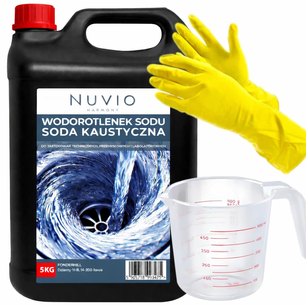 NUVIO, Soda Kaustyczna, Wodorotlenek Sodu NaOH 99%, Granulat, 5kg, Do Udrażniania Rur i Syfonów, Z Rękawicami i Miarką 500ml, Produkt Żrący - Zachować Ostrożność
