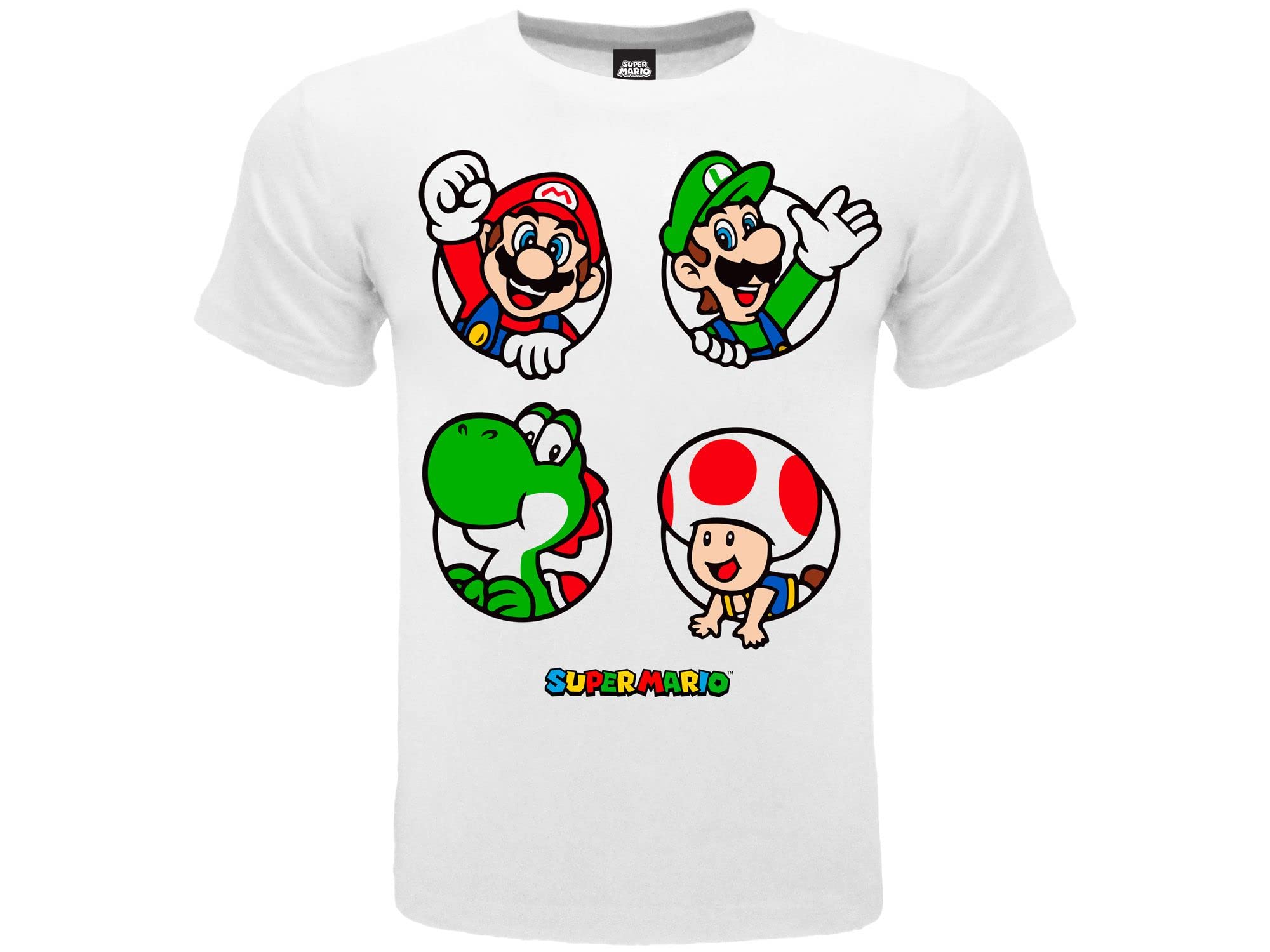 Fashion UK Camiseta de personajes de Mario. Mario, Luigi, Yoshi y Toad. 100% algodón. Color blanco con logotipo. Producto bajo licencia. Tallas para niño/niño., Color blanco., 5-6 Years