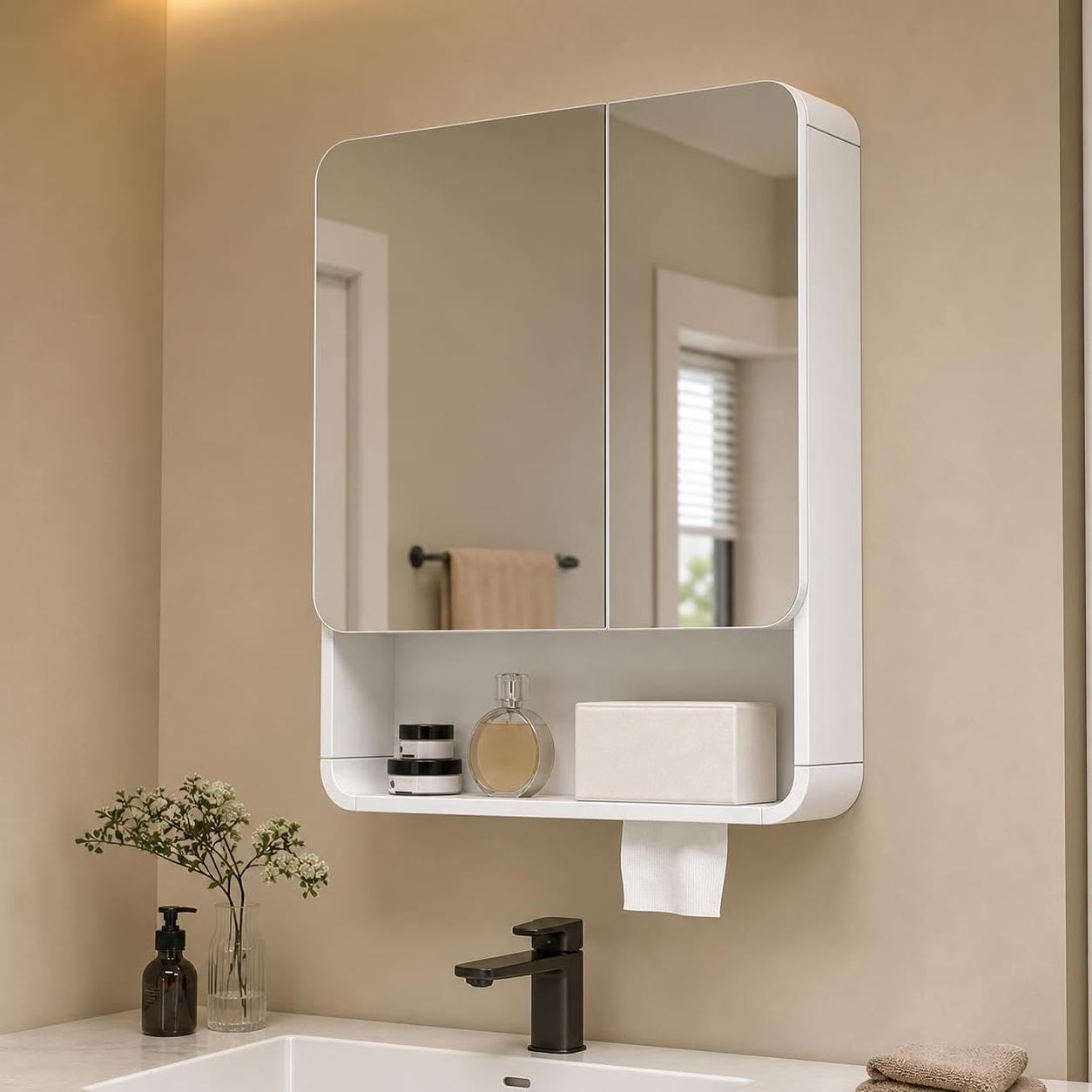Armario de baño de Pared con Espejo Inteligente Integrado, Esquinas Redondeadas y Almacenamiento para baño