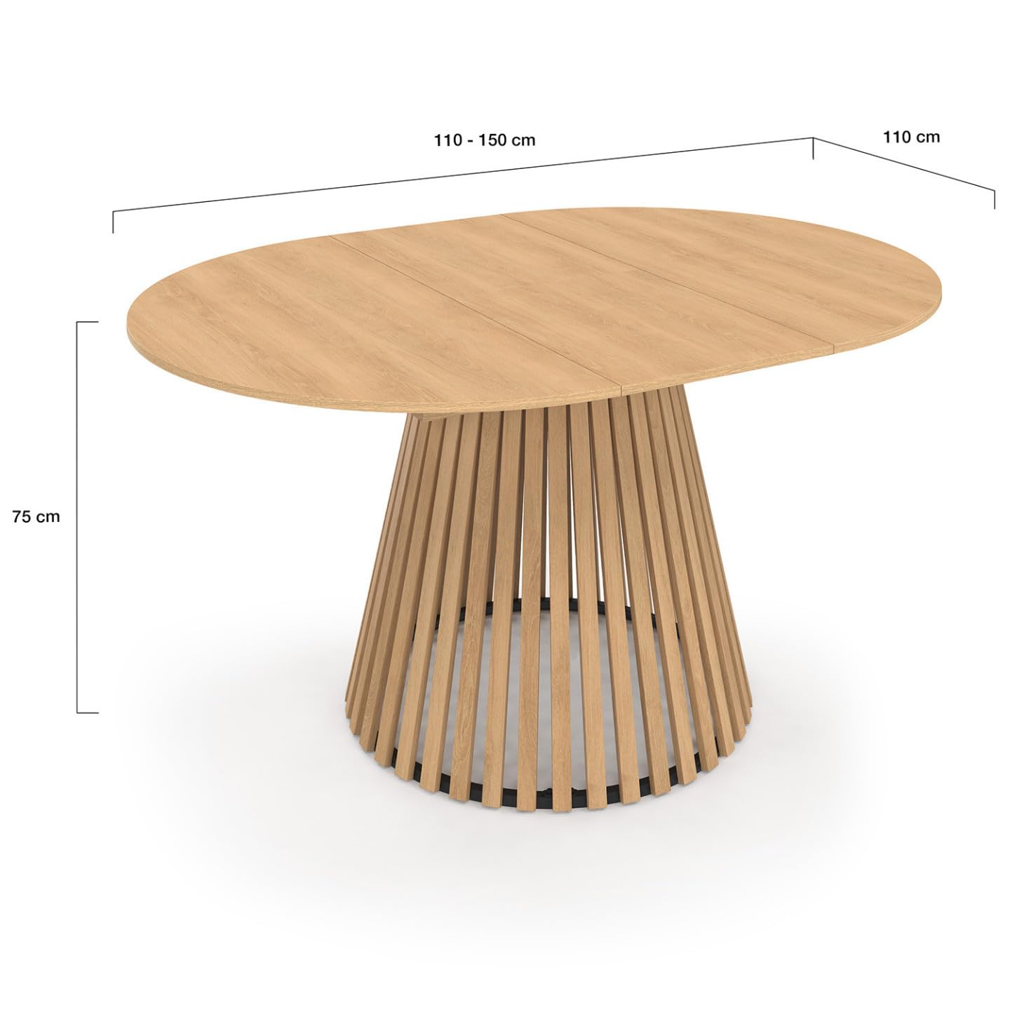 IDMarket - Ausziehbarer runder Esstisch Carmen 4-8 Personen Holzfuß aus Latten und Holzplatte 110-150 cm
