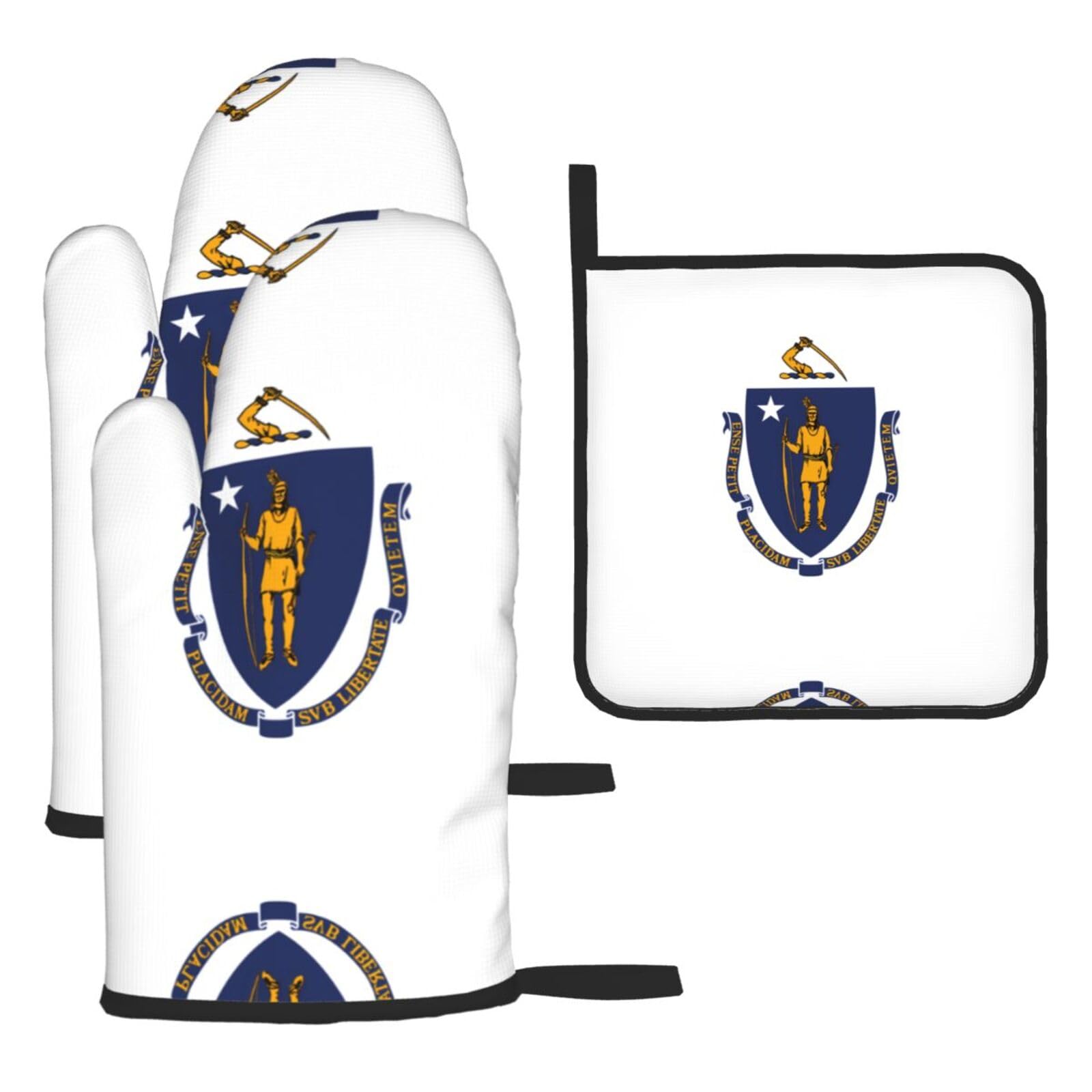 Massachusetts State Flag Oven mittens and oven mitts three-piece set suitable for oven, grilling, baking, microwave and home cooking.