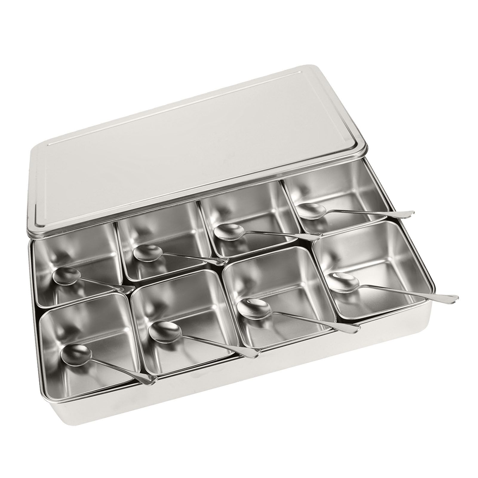 Yosoo Health Gear Assaisonnement Box, Boîte à épices En acier inoxydable à 8 Grilles Avec Couvercles Et Cuillères, Boîte à Condiments Métal, Pots à épices Cuisine
