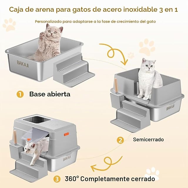 Foto 4 de 8 de BAKAJI Arenero para Gatos XXL con Base de Acero Inoxidable de 35 litros y Escalera antiarena