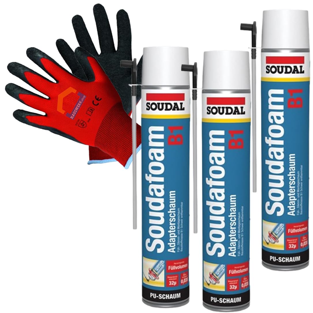 SET SOUDAL Profi Montageschaum B1 Schwerentflambar 3 x 750 ml + Hauswerk.shop Arbeitshandschuh