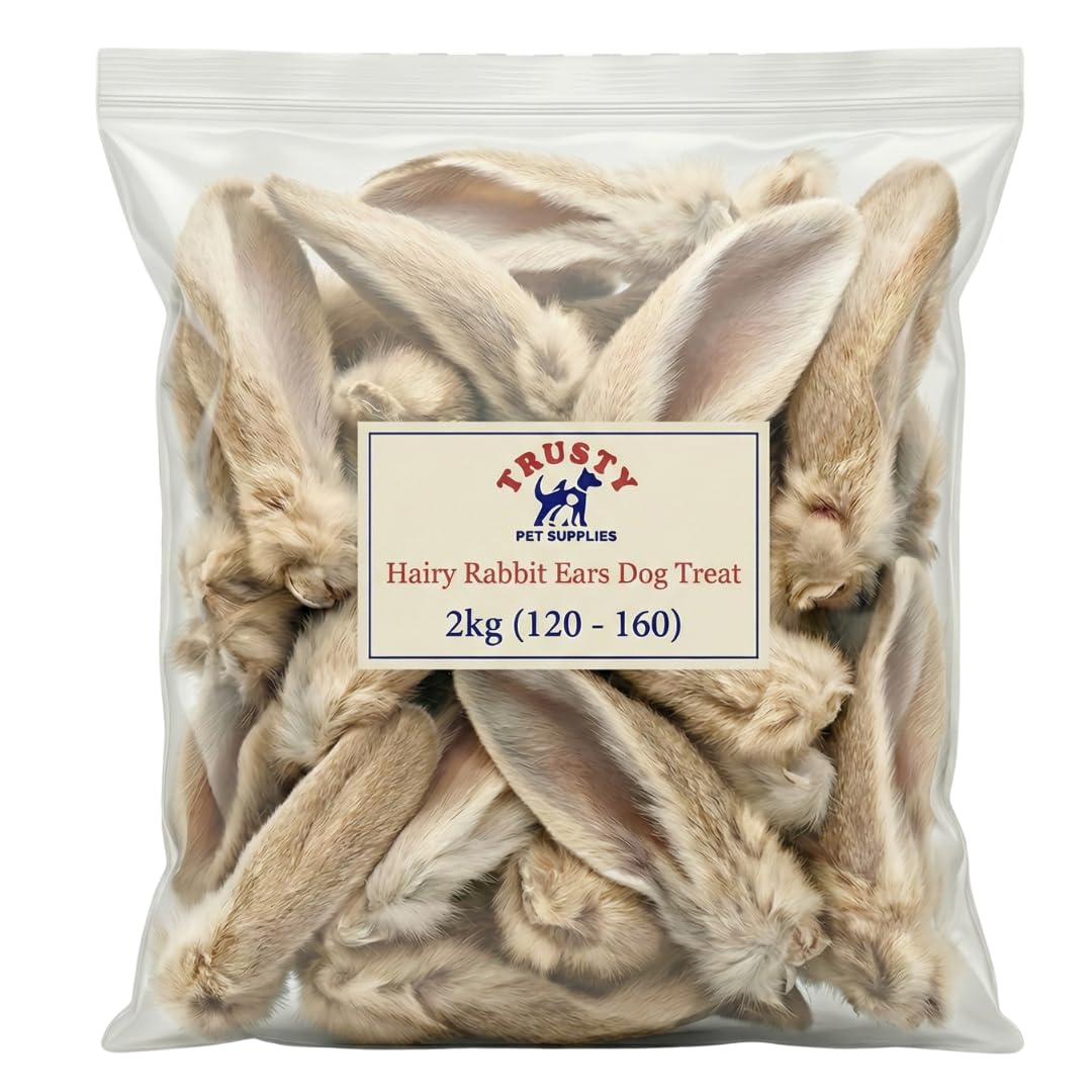 Rabbit Ears with Fur for Dogs 2kg (Approx. 120-160 Ears) | 100% Natural Low Fat Dog Treats | Hypoallergenic Raw Dog Food Chew | Grain Free Pet Food | Natural Dewormer