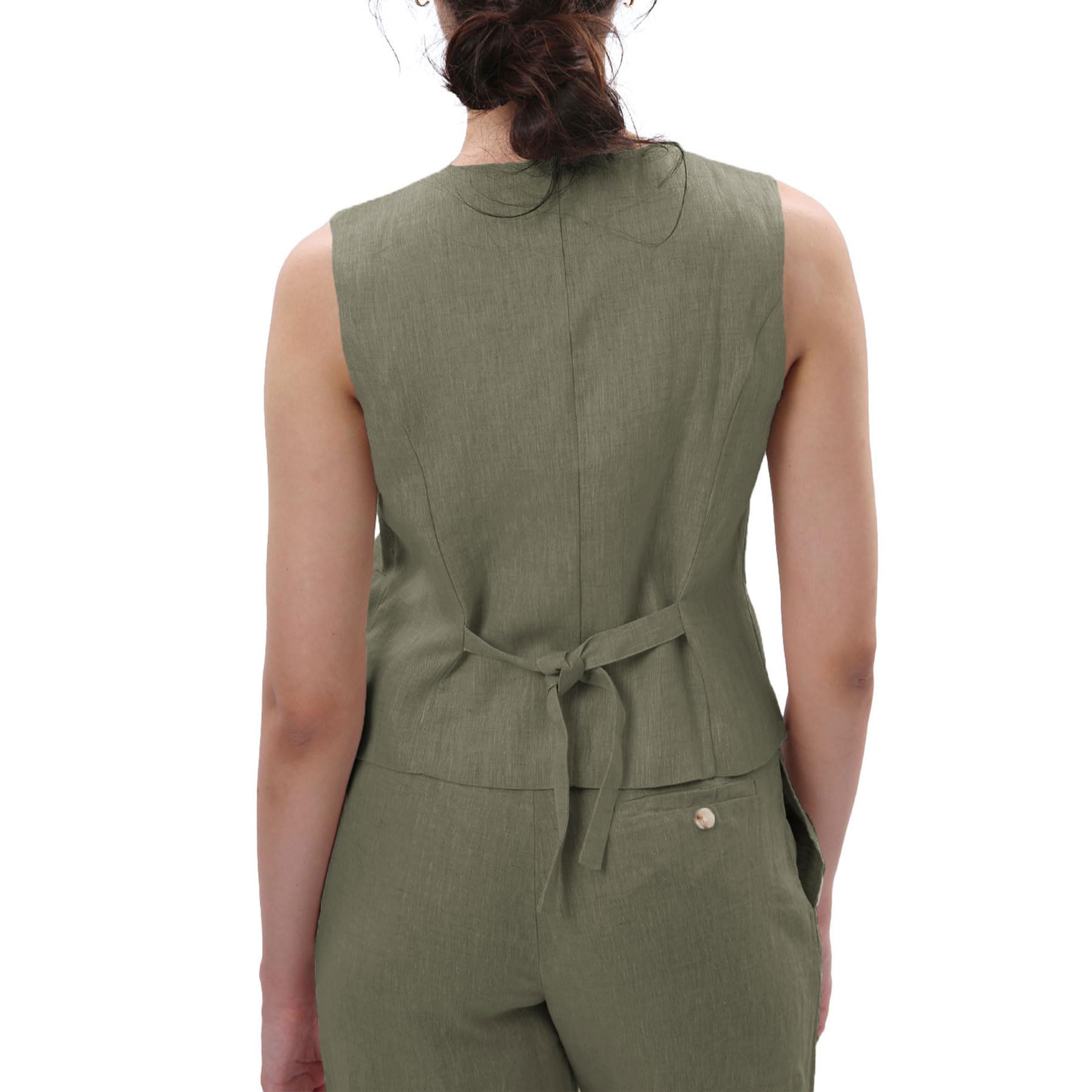Amazhiyu Gilet da donna, in lino, senza maniche, con scollo a V, corto, abbottonatura, vestibilità stretta, allacciatura sulla schiena