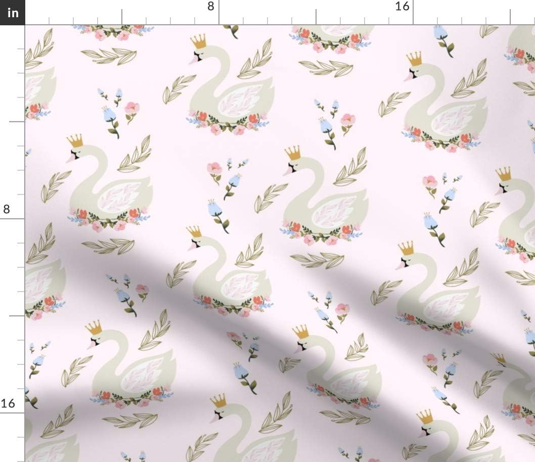 Spoonflower Fabric - Blue Pink Floral Swan Flowers Girl Nursery Boho Blush Printed on Petal Signature Cotton Fabric Fat Quarter - Sewing Quilting Apparel Crafts Decor