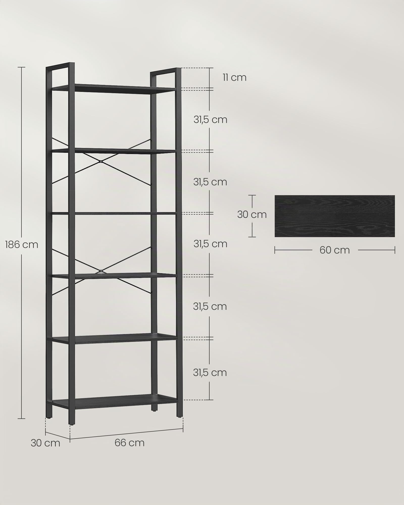 VASAGLE Libreria a 6 ripiani per ufficio, studio, soggiorno, camera da letto, 30 x 66 x 186 cm, industriale, nero ebano e nero inchiostro, LLS062B56