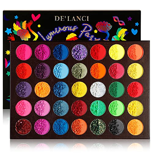 DE'LANCI Neon Eyeshadow Palette,Matte Shimmer Glitter Highly Pigmented Blacklight Colorful Makeup Pallet,Neon Makeup Glow in the Dark Face Paint,Waterproof Rainbow Bright Eye Shadow Halloween Makeup