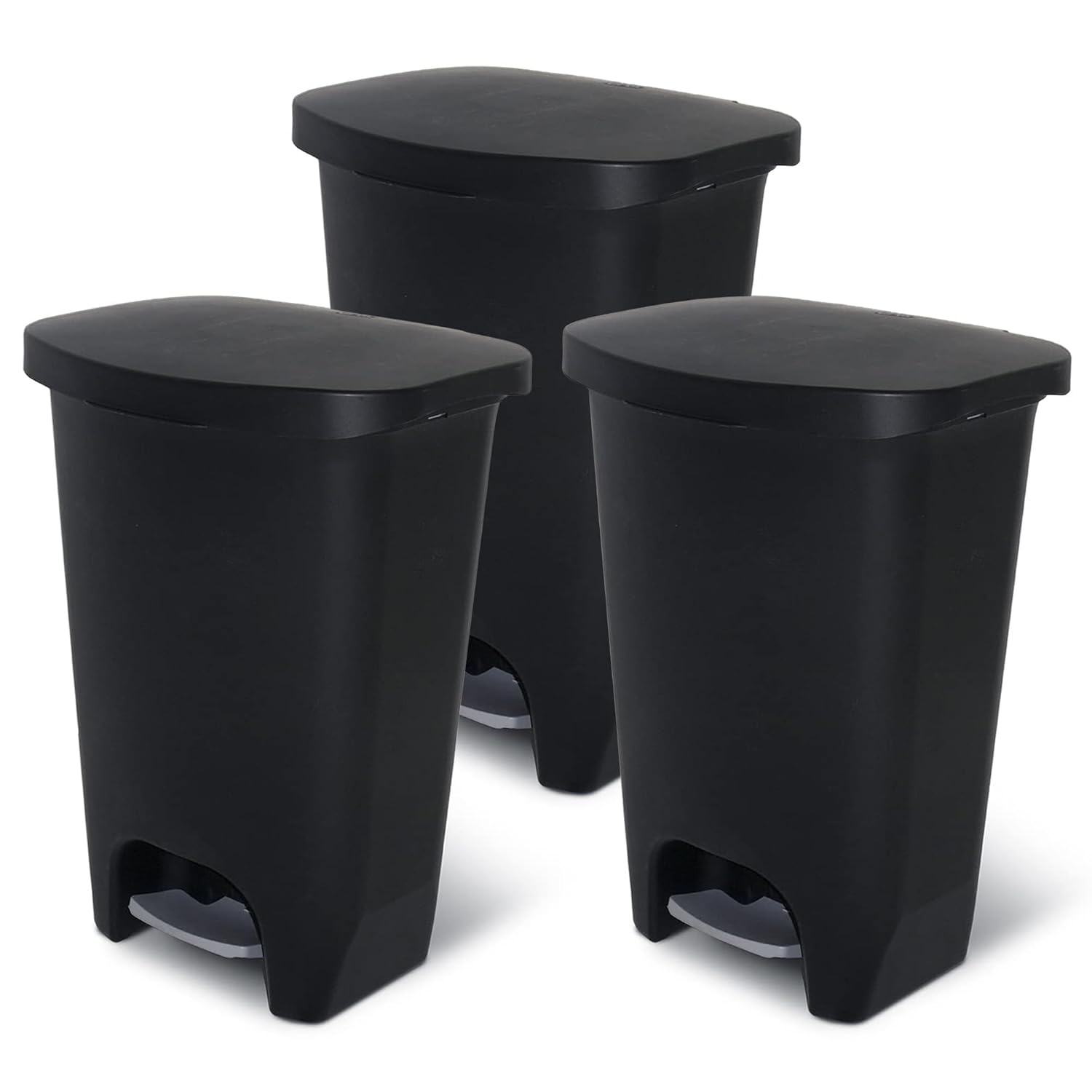 Glad 3 Pack 13 Gal Trash Can | Plastic Kitchen Waste Bin with Odor Protection of Lid | Hands Free with Step On Foot Pedal and Garbage Bag Rings, Black