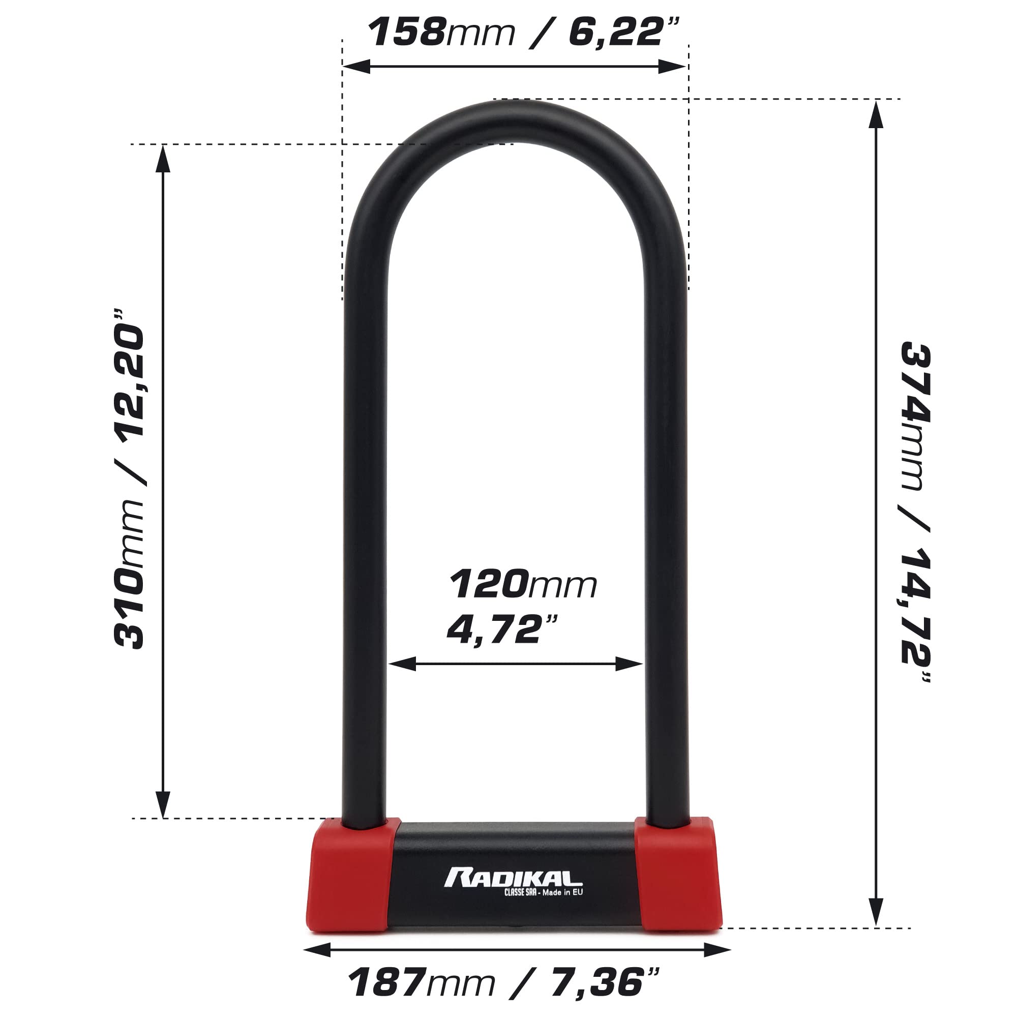 RADIKAL RK120310 Candado Moto U Premium Homologado SRA, 120x310mm Más Opciones Bloqueo, Arco ø18mm Acero Cementado Revestido de Doble Cierre, Cerradura Antirrobo U Lock Scooter, Bici Eléctrica