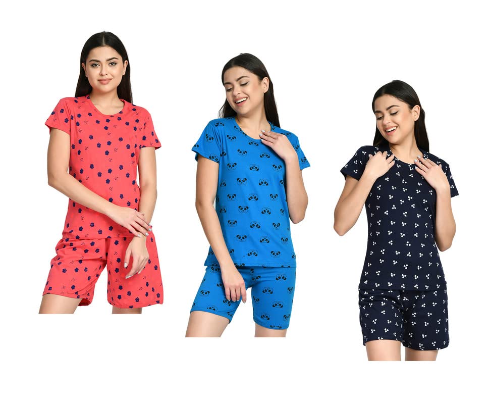 Image of IndiWeaves Cotton Printed Tops and Shorts Set Night Suit for Women (Pack of 3) Caret::Blue::Dark Blue