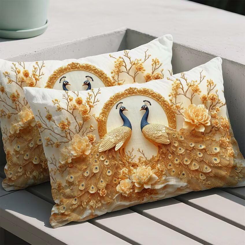 Housse de coussin jaune 80x100 cm paon imperméable en lin