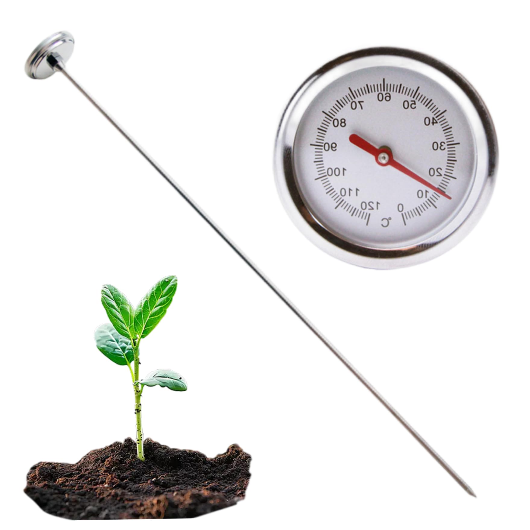 Termometro per compost, termometro per terreno in acciaio inossidabile da 2 pollici portatile con stelo da 20 pollici per terra, compost, giardino