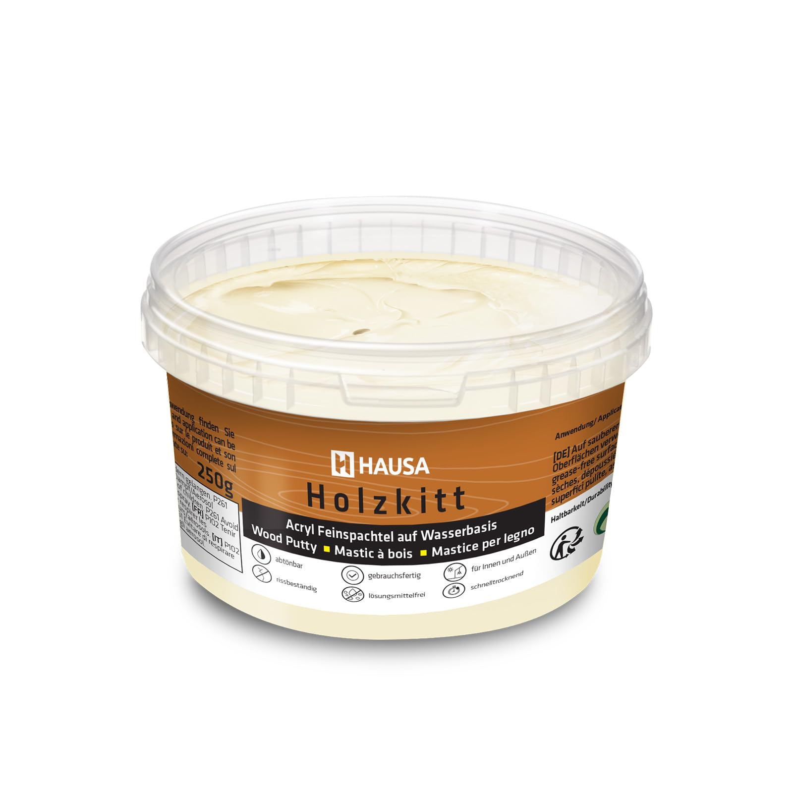 HAUSA Stucco per legno 250 g, stucco per legno di abete, kit per legno, stucco/impasto per legno per riparare danni al legno, pronto all'uso, eccellente potere riempitivo, asciugatura rapida