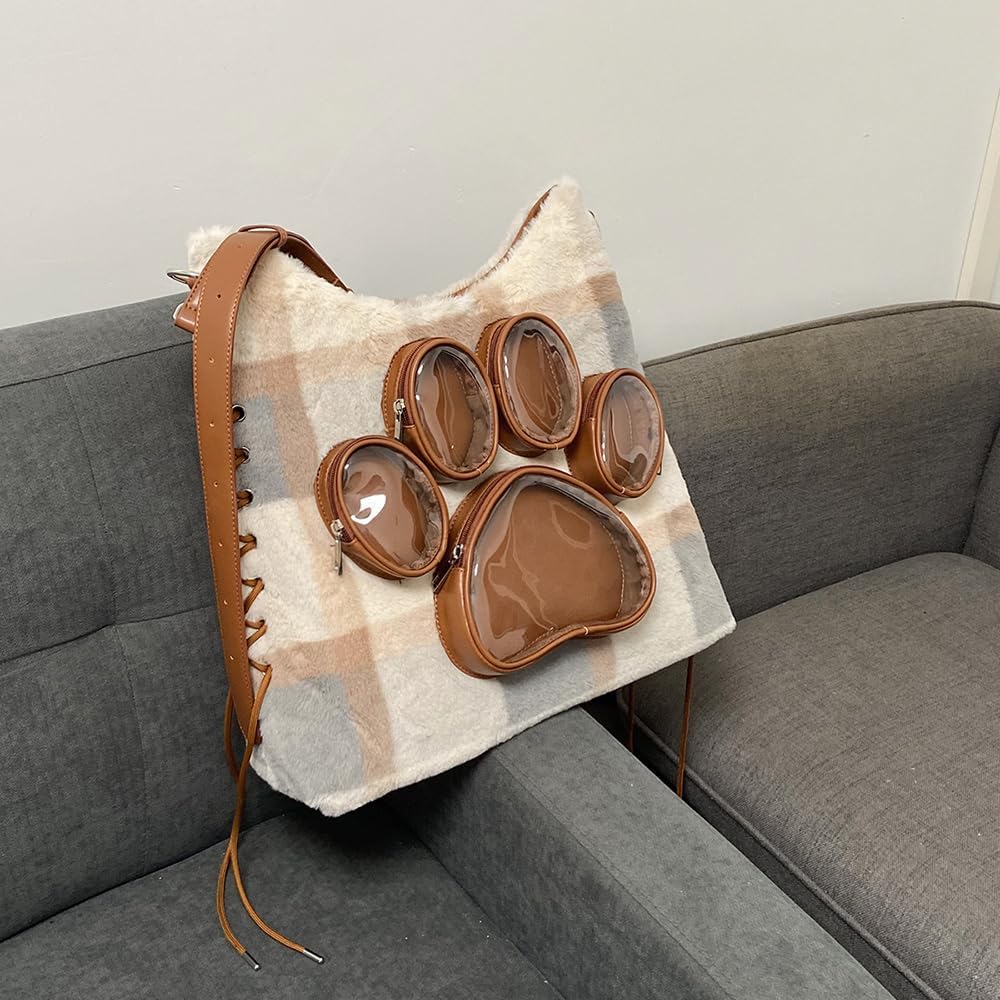 Cute Dog Cat Paw Ita Bag Anime Cosplay Crossbody Bag Large Capacity Furry Backpack for Women Travel (Brown, Large)