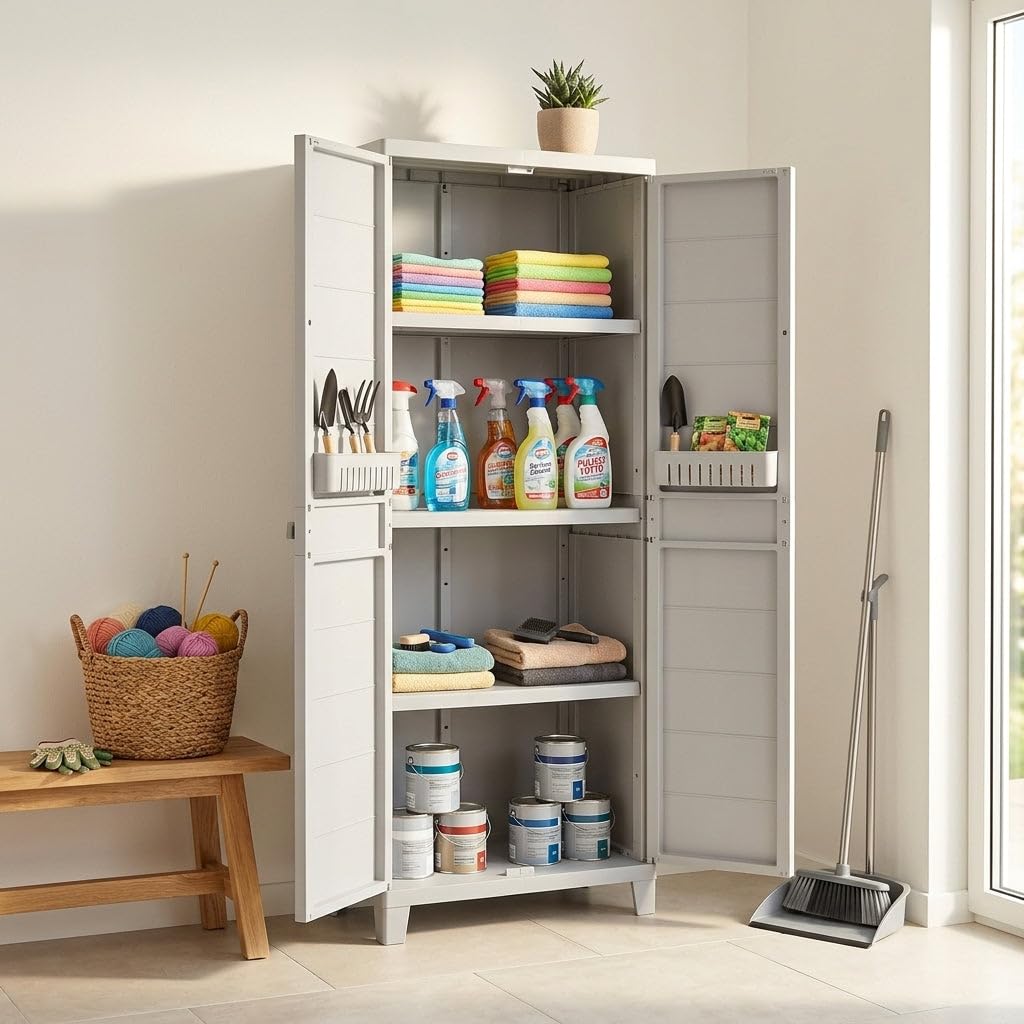 HEMAX Armadio Tuttopiani Multiuso a 2 Ante con Ripiani Interni Regolabili | Ripiani Interni Regolabili, Mobile Salvaspazio, Per Garage Lavanderia e Balcone, Struttura Robusta, Piedini Rialzati