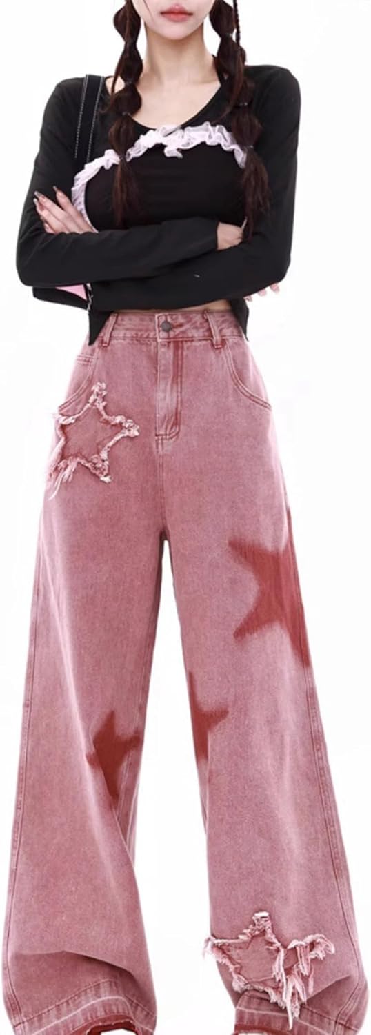 xxxiticat Women's Pink Baggy Jeans High Waisted Five-Pointed Star Embroidery Vintage Loose Raw Hem Wide Leg Denim Pants