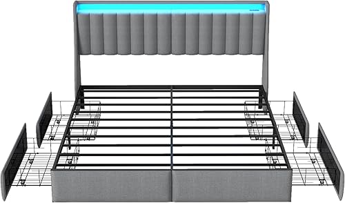 Vista 9 de SADENICEL Base de cama Queen con cabecera de almacenamiento, base de cama de plataforma de metal tamaño Queen con 4 cajones, luz LED, estación