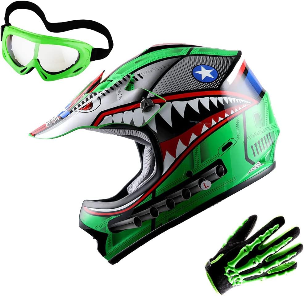 WOW Youth Motocross Helmet MX BMX Bike Helmet Spider Black + Goggles + Skeleton Black Glove Bundle WOW Youth Motocross Helmet MX BMX Bike Helmet Spider Black + Goggles + Skeleton Black Glove Bundle