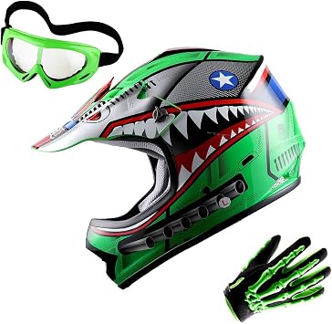 WOW Youth Motocross Helmet MX BMX Bike Helmet Spider Black + Goggles + Skeleton Black Glove Bundle