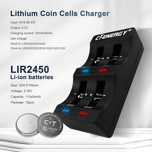 Miniatura 3 de CT-ENERGY Baterías CR2450 recargables paquete de 10 con cargador de batería de botón de moneda de litio, batería Lir2450 de alta capacidad de 3.7 V