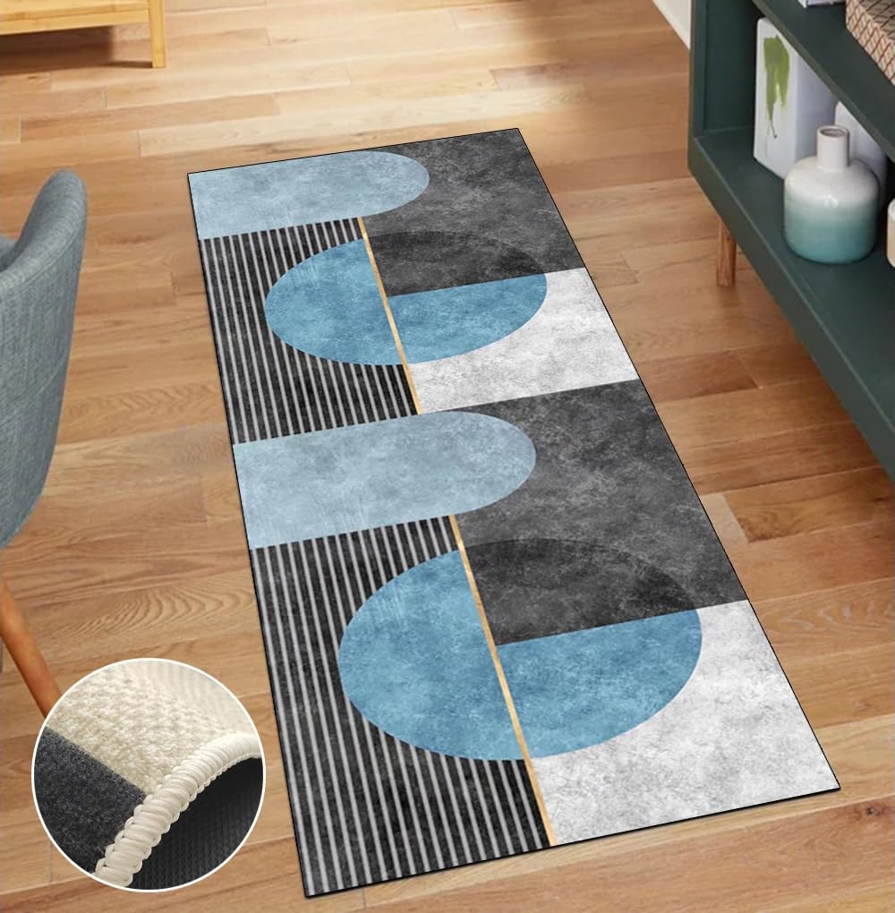 Alfombra de pasillo moderna gris y azul de 110 x 120 cm, un modelo lavable para el hogar