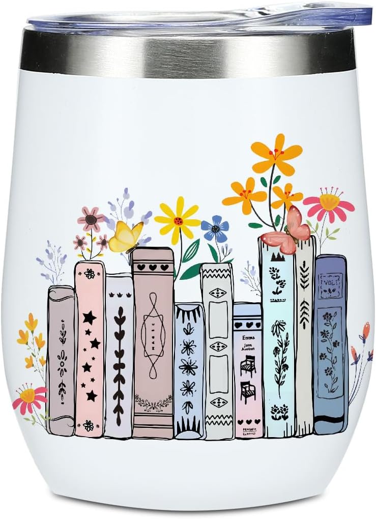 Wine Tumbler, 12 oz Coffee Mug Travel Insulated Cup Vacuum Wine Glass with Lid, Book Lovers Gifts Birthday Christmas Farewell Reading Book Accessories Bookish Librarian Gifts for Women Coworker