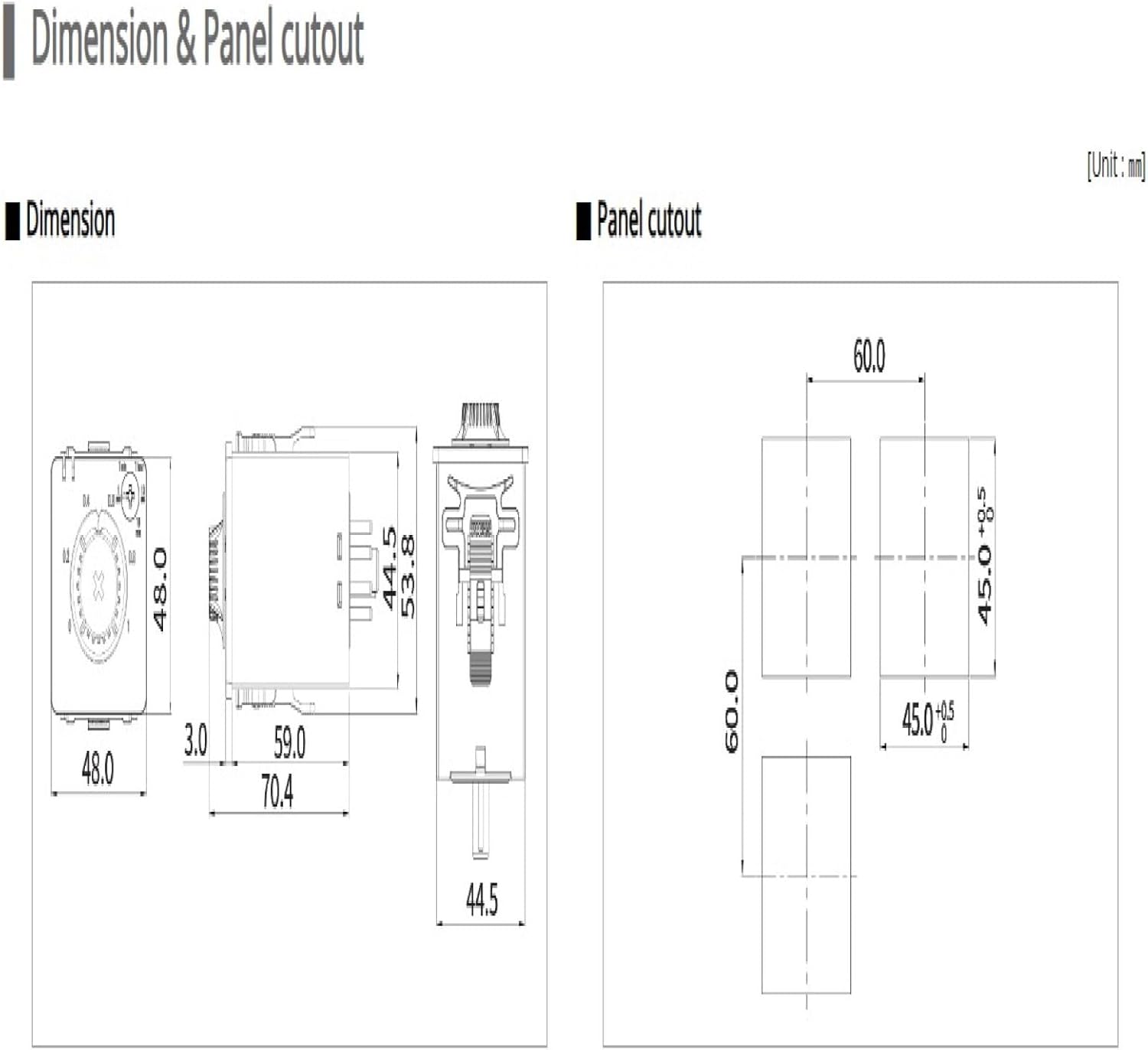 Dimension and Panel cutout diagrams for Hanyoung Nux T48A timer