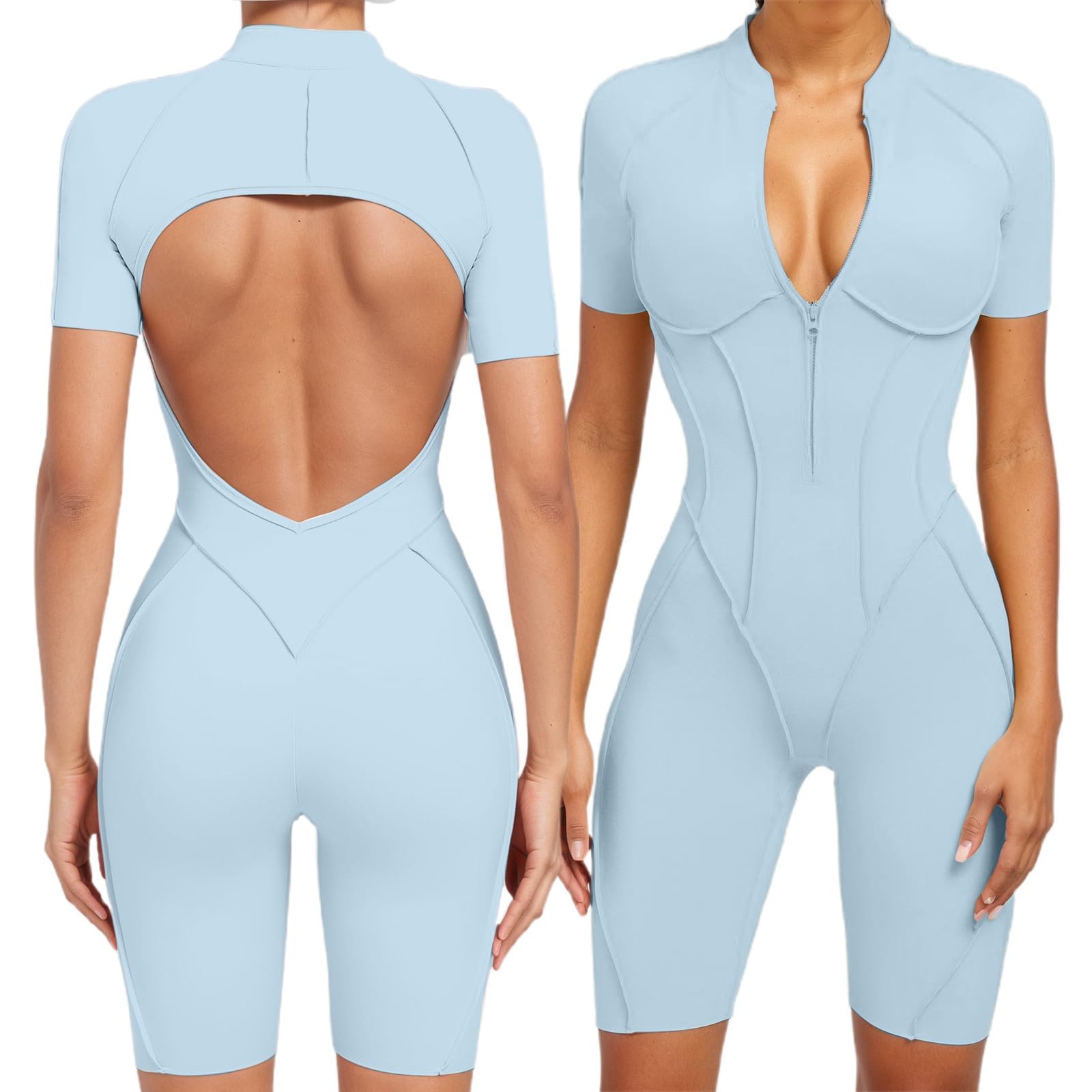 Generisch Combinaison de sport courte pour femme, avec fermeture éclair sur le devant, manches longues, dos nu, push-up, avec poches, short de fitness, une pièce, pour entraînement, yoga, gym, course