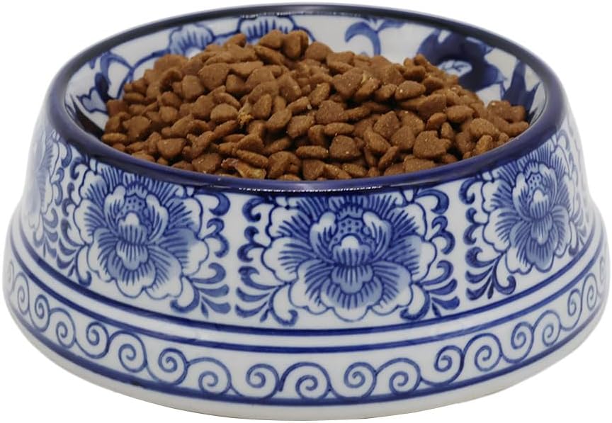 Aimusego Blue and White Flower Pattern Ceramic Dog Food Dish for Small Medium Dogs and Cat,Heavy Non-Slip Porcelain Pet Bowl for Food and Water -6.7inch
