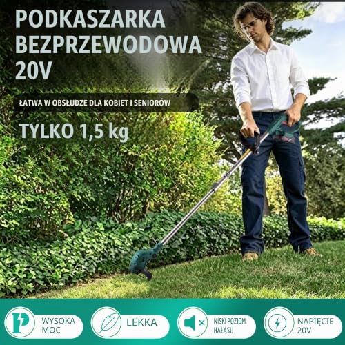 POSENPRO 3 w 1 akumulatorowa podkaszarka do trawy, podkaszarka 20 V z 6 metalowymi i 10 plastikowymi ostrzami, 2 akumulatory 1500 mAh, do przycinania krawędzi trawnika i usuwania chwastów